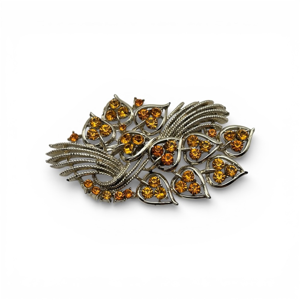 Vintage Gold-Tone & Amber Crystal Leaf Brooch - Picture 1 of 3